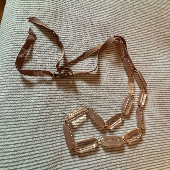 J. Crew,Clear pink hued with  Brown tie ribbon Necklace. - Picture 4 of 6
